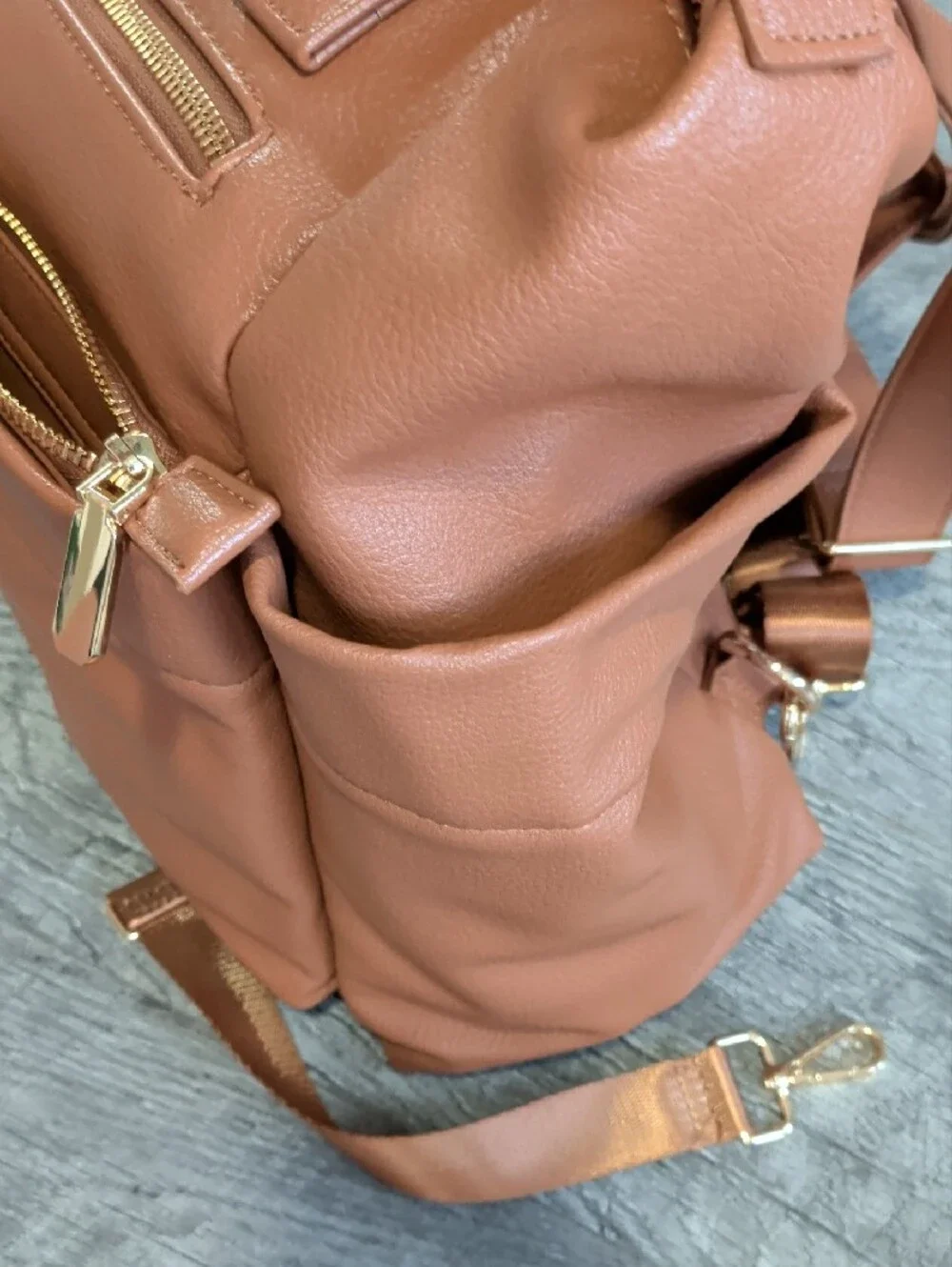 Tan Vegan Leather Baby Diaper Bag Tote Backpack with Multiple Front Pockets